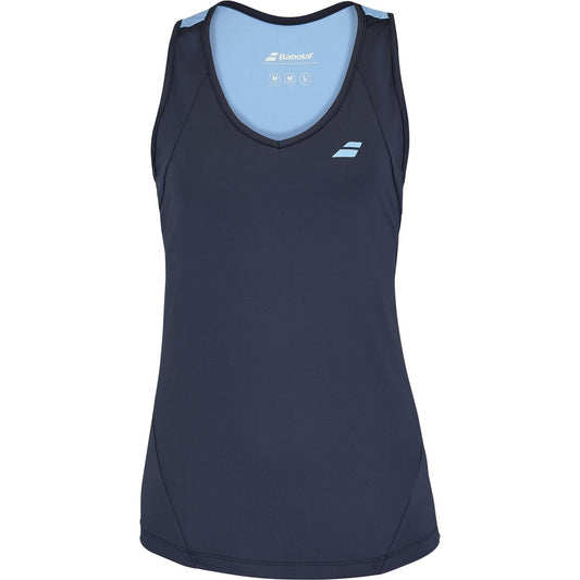 The Babolat Drive Women's Tennis Tank Top in blue features light blue shoulder detailing and a small chest logo. Made with lightweight Fiber Dry fabric, it's perfect for sports or workouts, catering to fans of high-quality Babolat gear.