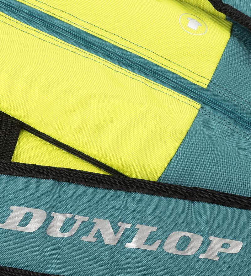 A close-up of the Dunlop SX Performance 12 Racket Tennis Bag in teal, black, and yellow shows a zipper pocket. "Dunlop" is printed in large silver letters on the strap, which features ergonomic shoulder straps for comfort.