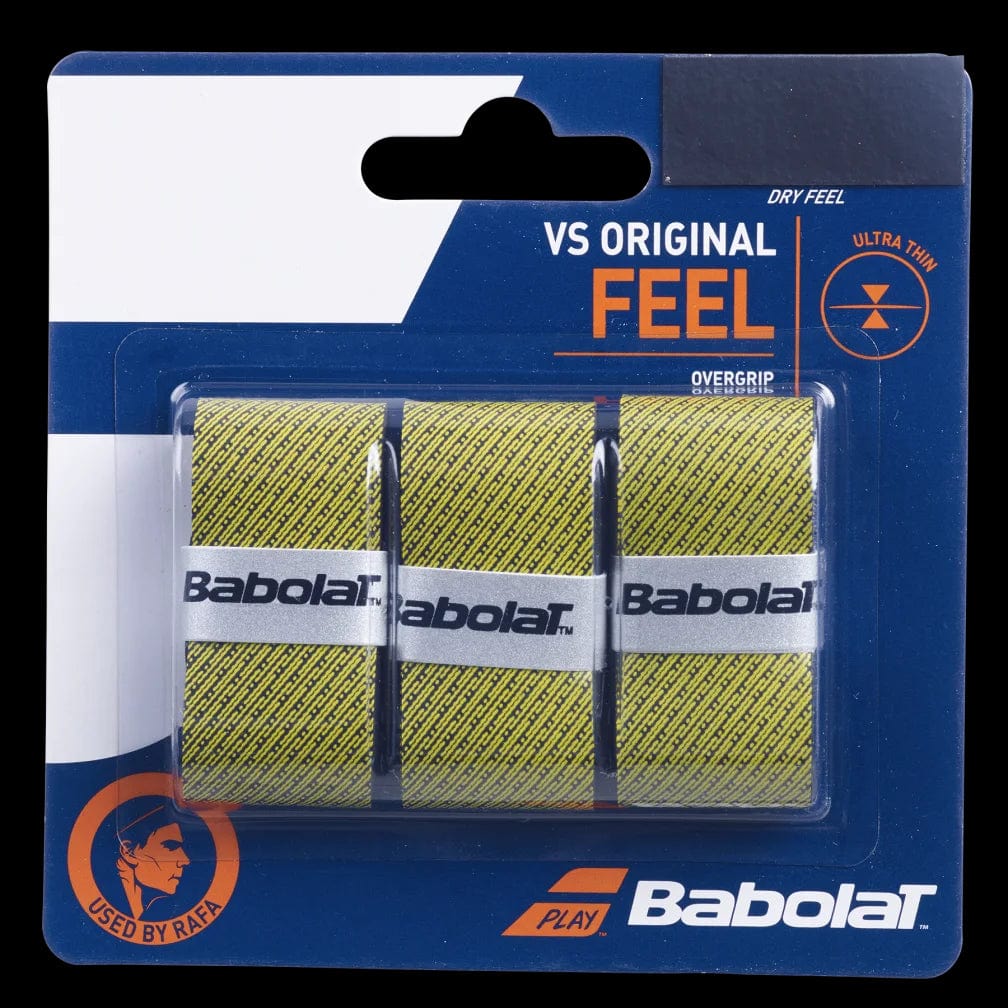 The Babolat VS Original X3 Tennis Overgrip - Black Yellow comes packaged in a predominantly blue packet with orange accents. It includes three rolls of yellow overgrip marked with black diagonal lines, emphasizing its "ultra thin" design and excellent absorption qualities for improved comfort.