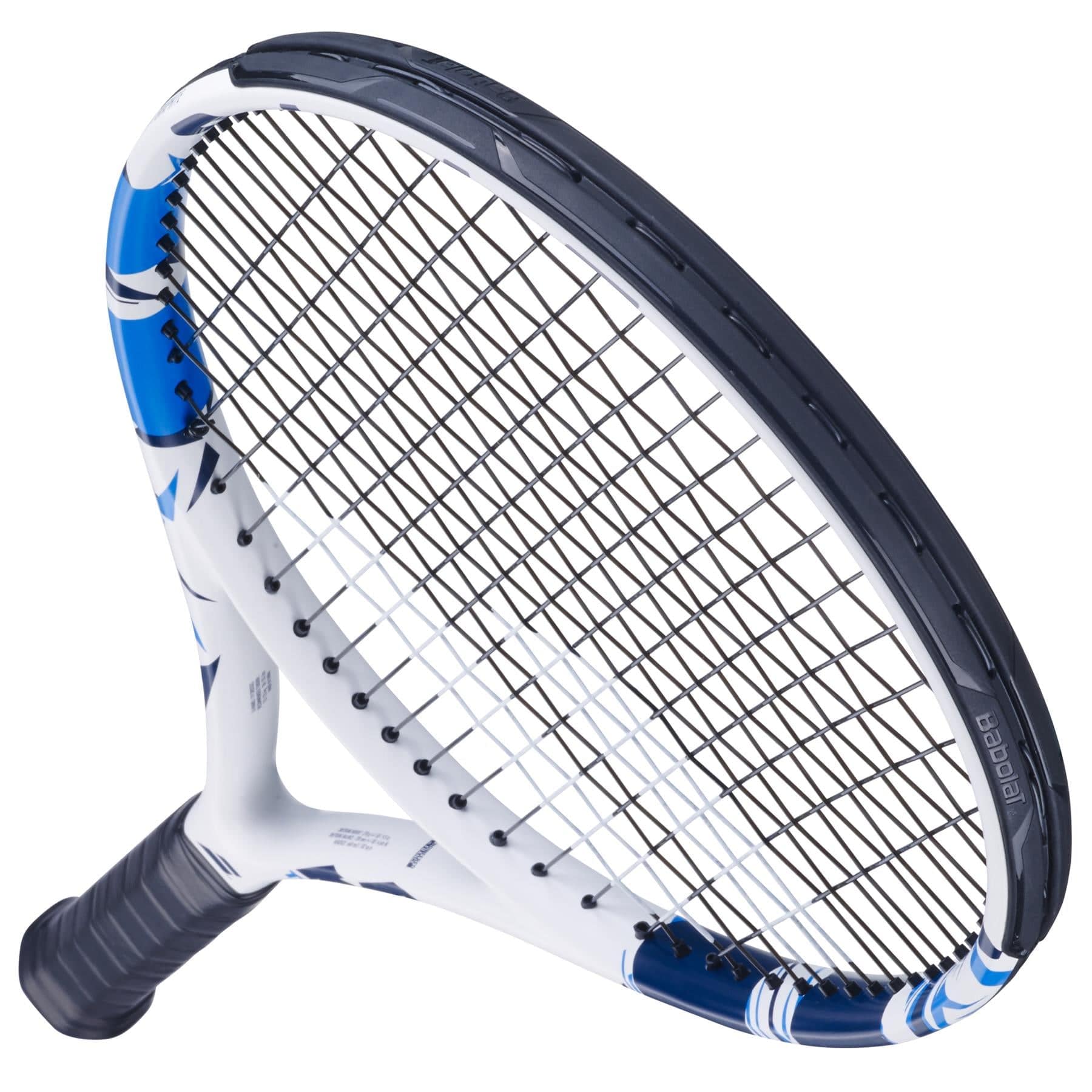 A detailed shot of the Babolat Evoke Team Tennis Racket - White, featuring a white and blue frame, black grip, and intricately woven strings. Ideal for beginners, this racket is set diagonally against a simple white background.