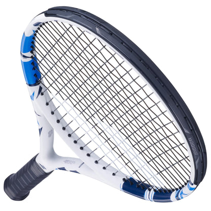 A detailed shot of the Babolat Evoke Team Tennis Racket - White, featuring a white and blue frame, black grip, and intricately woven strings. Ideal for beginners, this racket is set diagonally against a simple white background.