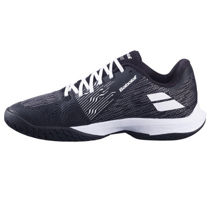 The Babolat Jet Tere 2 All Court 2025 Men's Tennis Shoes in black and white feature a textured design, low-cut profile, lightweight sole, and white laces. Thin white lines adorn the upper with the Babolat brand name on the side for added style and stability.