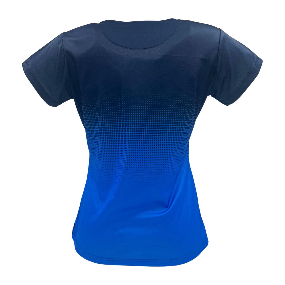 The Yonex YTL5 Women's Tennis T-Shirt in Royal/Navy features a back view with a gradient from dark to bright blue. It is crafted from moisture-wicking polyester for a smooth, fitted feel, enhancing your game with advanced fabric technology.