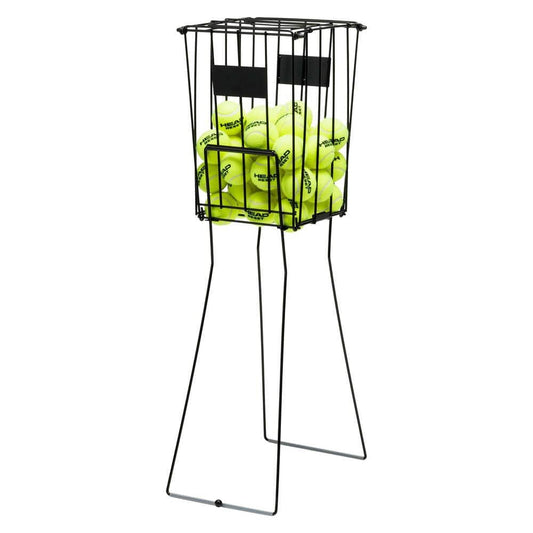 The HEAD Tennis Ball Basket With Separator, designed in a black metal finish, is filled with yellow tennis balls and stands upright on its extended legs for stability, making it ideal for coaches during practice sessions.