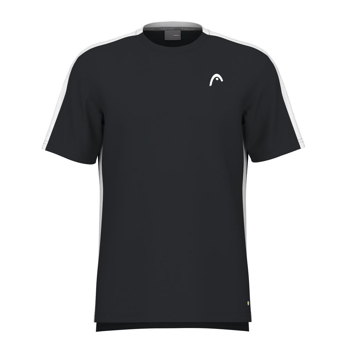 Experience the HEAD Vision Slice Men's Tennis T-Shirt in black, featuring stylish white side stripes and a subtle white logo on the front. Made with Moisture Transfer Microfibre, this athletic tee by HEAD offers excellent breathability for superior performance during your workout.