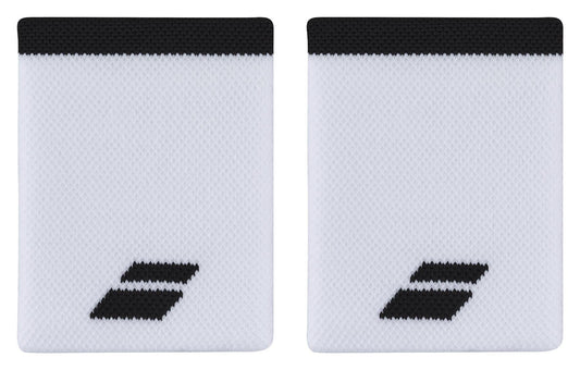 The Babolat Jumbo Logo Wristbands in white and black showcase the brand's logo prominently at the lower center. Crafted from textured, absorbent fabric, these wristbands are designed with a black stripe along the top edge to ensure effective perspiration control against their pristine white backdrop.