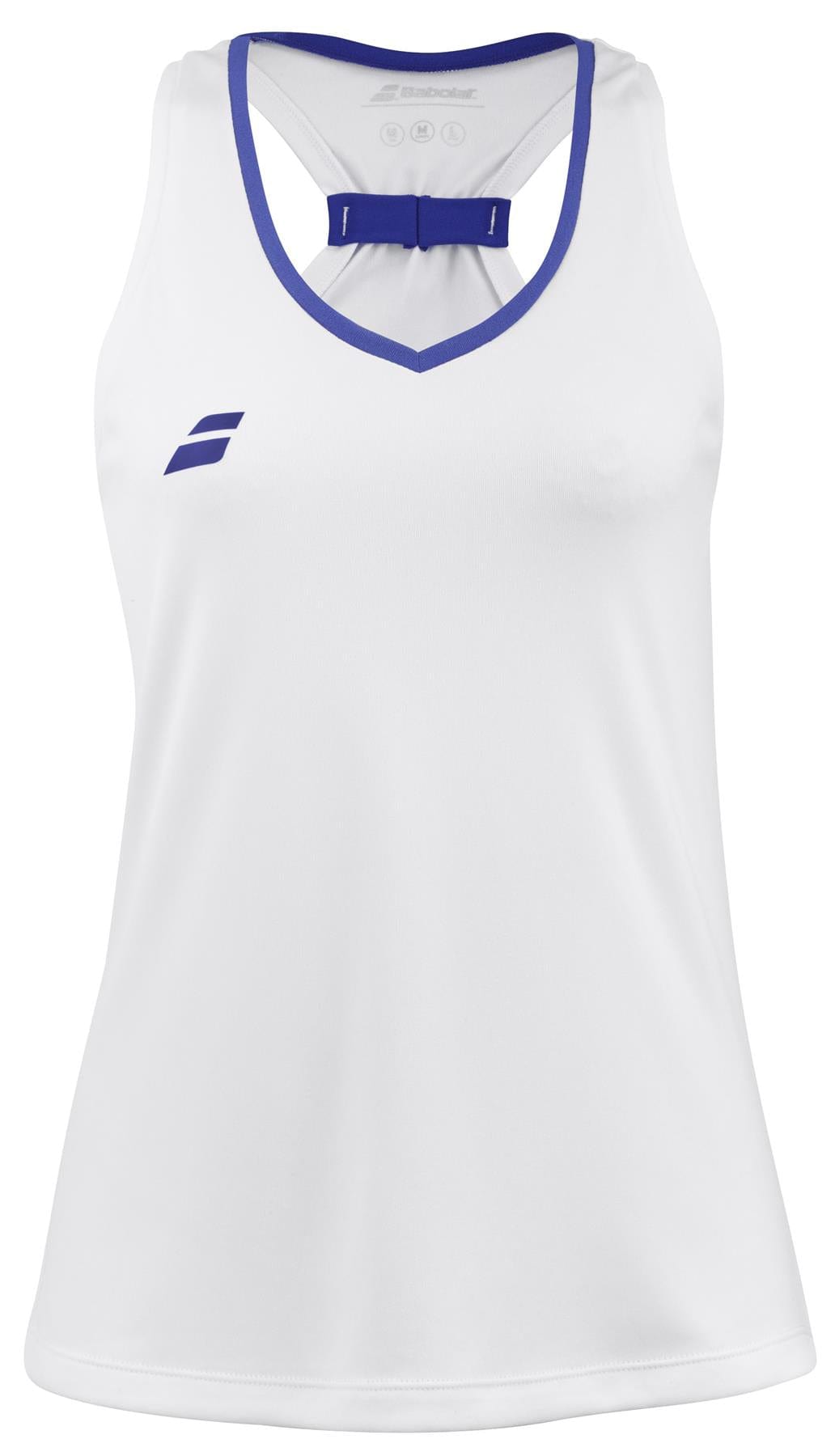 The Babolat Play Women's Tennis Tank Top in white, designed by Babolat, incorporates Fiber Dry-polyester material and features a sleeveless design with blue trim, offering optimal performance on the court.