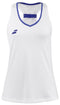 The Babolat Play Women's Tennis Tank Top in white, designed by Babolat, incorporates Fiber Dry-polyester material and features a sleeveless design with blue trim, offering optimal performance on the court.