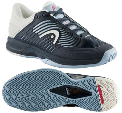 A pair of HEAD Revolt Pro 4.5 women's tennis shoes in blueberry and light blue. One shoe is angled to showcase its sleek, wave-like design on the body, while the other is displayed from the bottom, highlighting performance technologies in the tread pattern and branding details that ensure stability with every step.