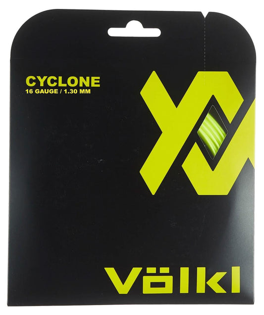 The image showcases a package of the Volkl Cyclone Tennis String Set in yellow, renowned for its durable co-polymer construction with a 16 gauge/1.30 mm size. The black packaging is accented with bright yellow text and design elements, emphasizing its exceptional spin and control features.