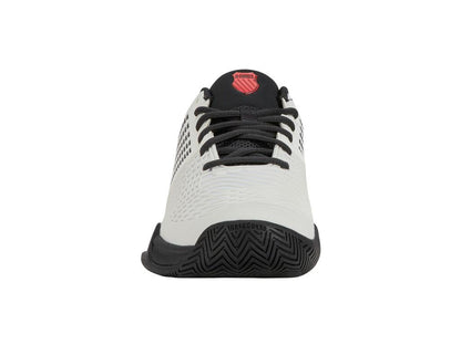 Front view of the K-Swiss Express Light 3 Men's Tennis Shoes in Bright White and Stretch Limo, ideal for tennis players. Featuring black laces, a textured sole, and a High Risk Red logo on the tongue. DuraWrap Flex technology with black and white woven mesh ensures style and durability.