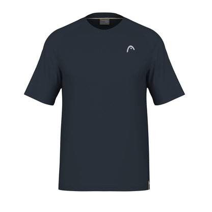 A stylish navy performance tennis T-shirt from HEAD, featuring a small, minimalist logo on the left chest. Made with moisture-transfer microfiber, this shirt has short sleeves and a round neckline for maximum comfort.