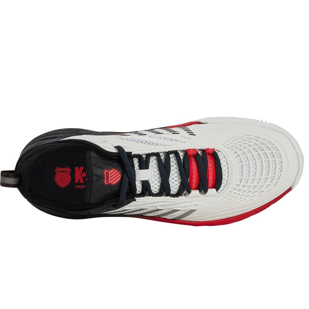 Top view of the K-Swiss Hypercourt Supreme 2 men's tennis shoes, a sneaker designed with a bright white mesh upper complemented by Stretch Limo and High Risk Red accents. The Durawrap X materials enhance durability at the black heel and red shoelace loops, with a visible K-Swiss logo on the side.