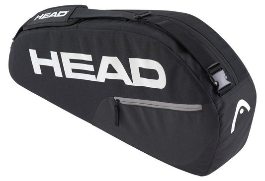 The HEAD BASE 3 Racket Tennis Bag S - BK is a black bag with "HEAD" in bold white letters on the side, featuring a zippered compartment, sturdy handles, and an adjustable shoulder strap for comfort. Its durable design ensures longevity.