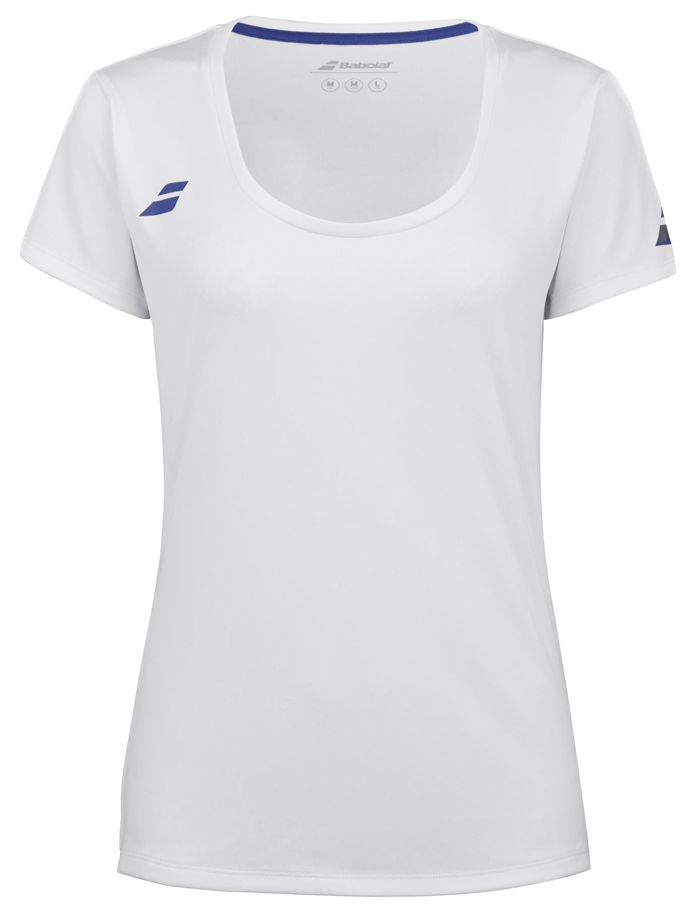 The Babolat Play Women's Tennis Cap Sleeve Top in white, enhanced with navy accents on the sleeves and neckline, showcases a chic design. Featuring a round neckline and the brand's logo on the front and sleeves, this top combines comfort and style for the contemporary athlete.