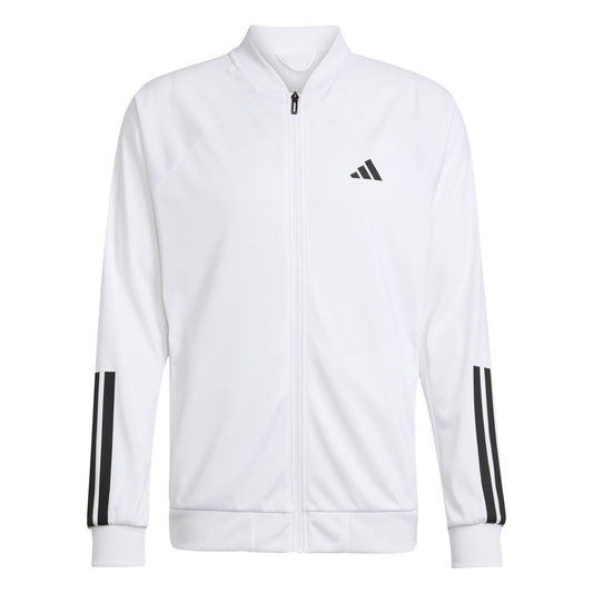 The ADIDAS Men's 3 Stripe Knit Tennis Jacket in white features a black chest logo and adidas's signature three black stripes near the cuffs on each sleeve. It boasts a high collar and long sleeves for extra comfort.