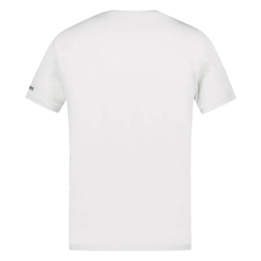 A view of the back of the Le Coq Sportif Pro Men's Tennis T-Shirt in Optical White highlights its short sleeves and minimalist design, made from breathable polyester.