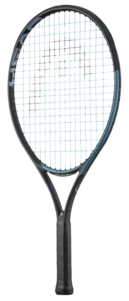 The HEAD IG Gravity Junior 23 2025 Tennis Racket - Black features a cushioned handle, blue frame detailing, lightweight graphite composite build, diamond-patterned tightly strung strings, and uses Innegra™ technology for enhanced durability.