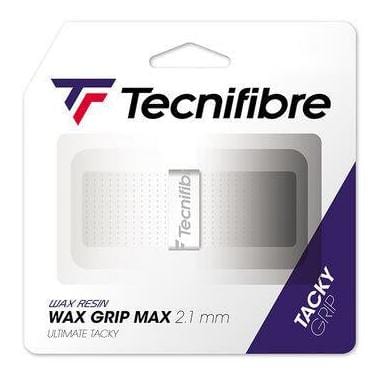 The Tecnifibre Wax Max Replacement Tennis Grip, measuring 2.1 mm, offers exceptional grip and durability. Its packaging showcases a sleek modern design with purple and white colors, prominently featuring the Tecnifibre logo and highlighting its "ultimate tacky" grip qualities.