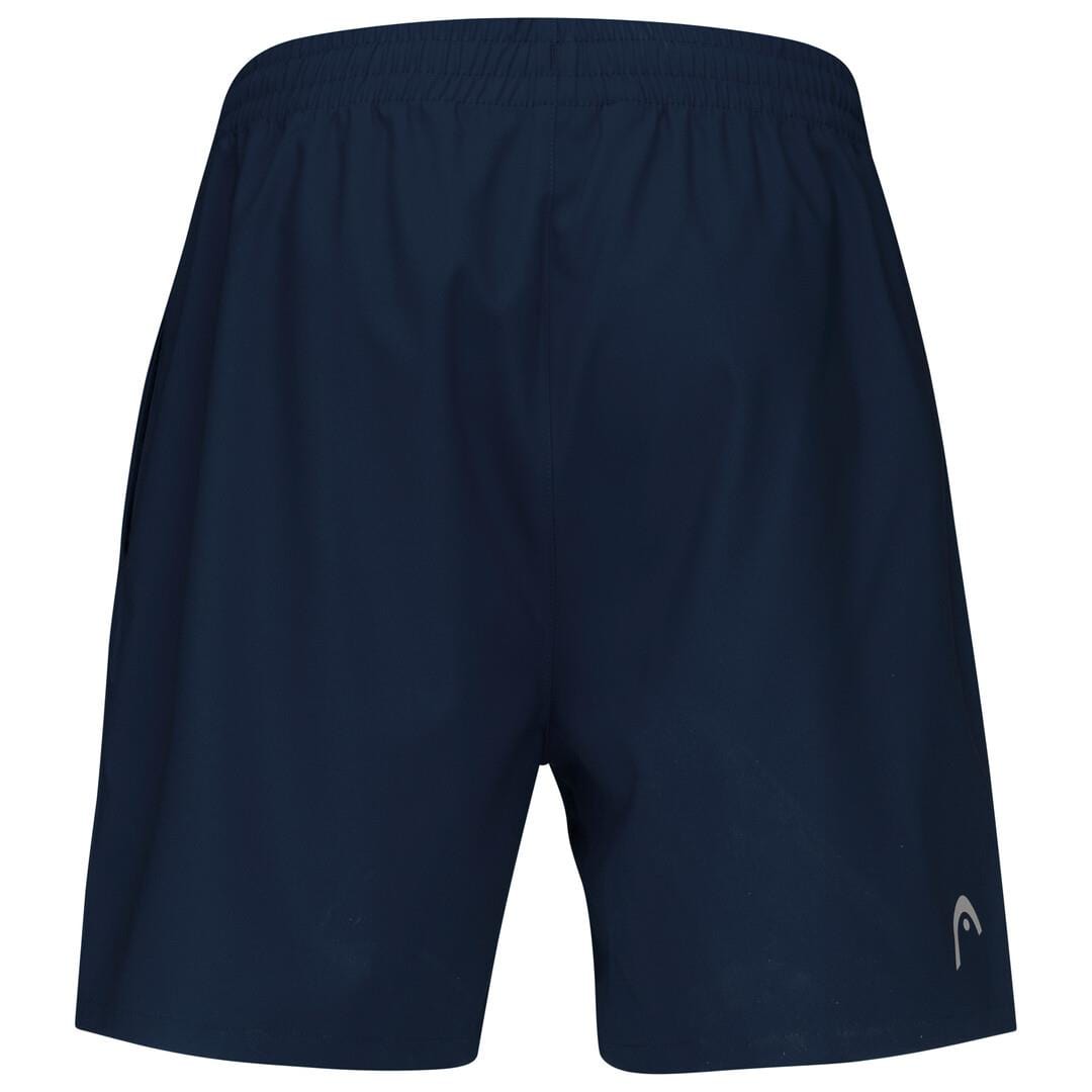 The HEAD Club Men's Tennis Shorts in dark blue are displayed from the back, highlighting an elastic waistband and a discreet logo on the lower right side. Designed with MXM technology, these shorts optimize moisture wicking to ensure comfort both on and off the court.