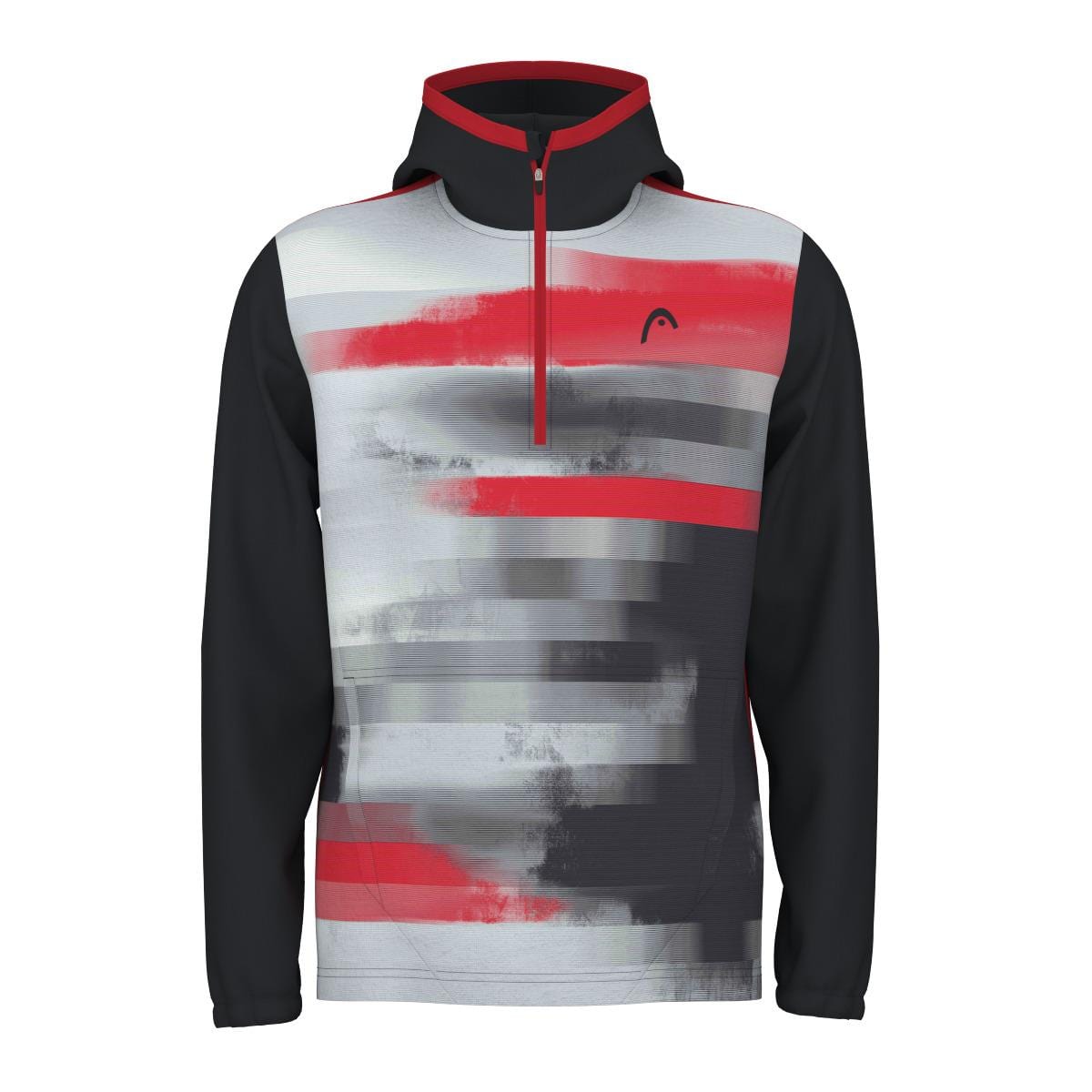 Introducing the HEAD Vision Topspin Men's Tennis Hoodie - BKXV: a stylish jacket featuring a combination of black, gray, and red with a half-zip front and abstract horizontal stripes. This hoodie incorporates moisture transfer microfiber technology for superior comfort in men's tennis apparel. The hoodie also boasts black sleeves and hood, complemented by a subtle logo on the chest.