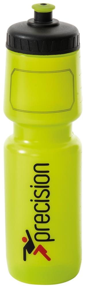 The Precision 750ml Water Bottle shines in lime green, showcasing a sleek black screw top design. It features the "precision" logo in bold lowercase letters and is complemented by an artistic red and black figure on the side.