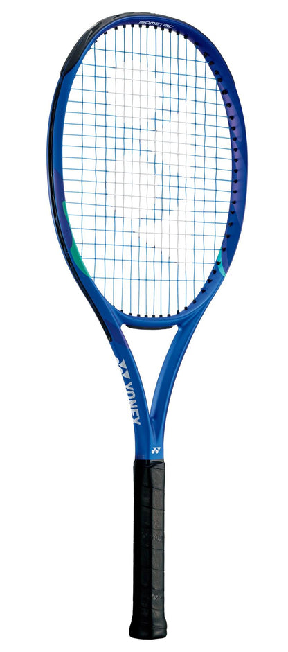 The Yonex EZONE Play 2025 Tennis Racket in Blast Blue features a sleek black grip and white strings with the Yonex logo on its throat. Part of the renowned Yonex range, it incorporates advanced ISOMETRIC technology for enhanced court performance.