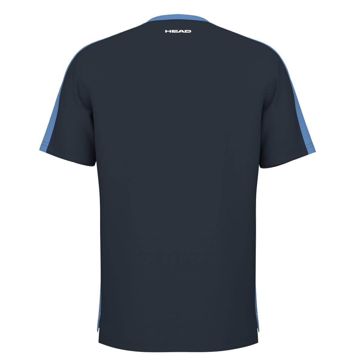 The image displays the back view of a navy blue HEAD Vision Slice Men's Tennis T-Shirt, distinguished by light blue stripes on the sleeves. The brand name "HEAD" is prominently printed near the neckline, highlighting its fashionable design.