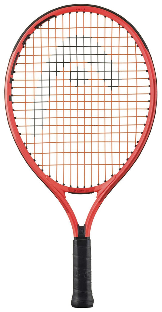 The HEAD Radical Junior 19 2025 Tennis Racket - Orange showcases a bold black and red frame with orange strings. The red frame is paired with a black handle, and a stylish gray pattern enhances the string grid on its round head. A great choice for young tennis enthusiasts!.