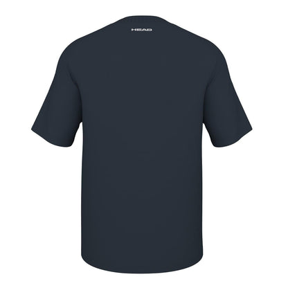 The image shows the back view of a plain navy HEAD Performance Men's Tennis T-Shirt, featuring the brand name "HEAD" smoothly printed at the upper center near the neckline, highlighting its advanced Body Mapping Technology for an optimal fit.