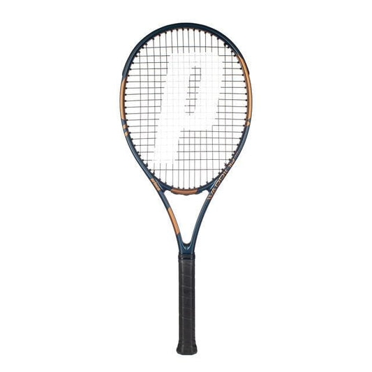 Presenting the Prince Warrior 100 2023 265g Tennis Racket by Prince, featuring a sophisticated black graphite frame enhanced with vibrant orange accents. The strings are arranged in an exact grid pattern, and the handle is wrapped in classic black grip tape. The recognizable "P" emblem adorns the strings, representing both performance and style.