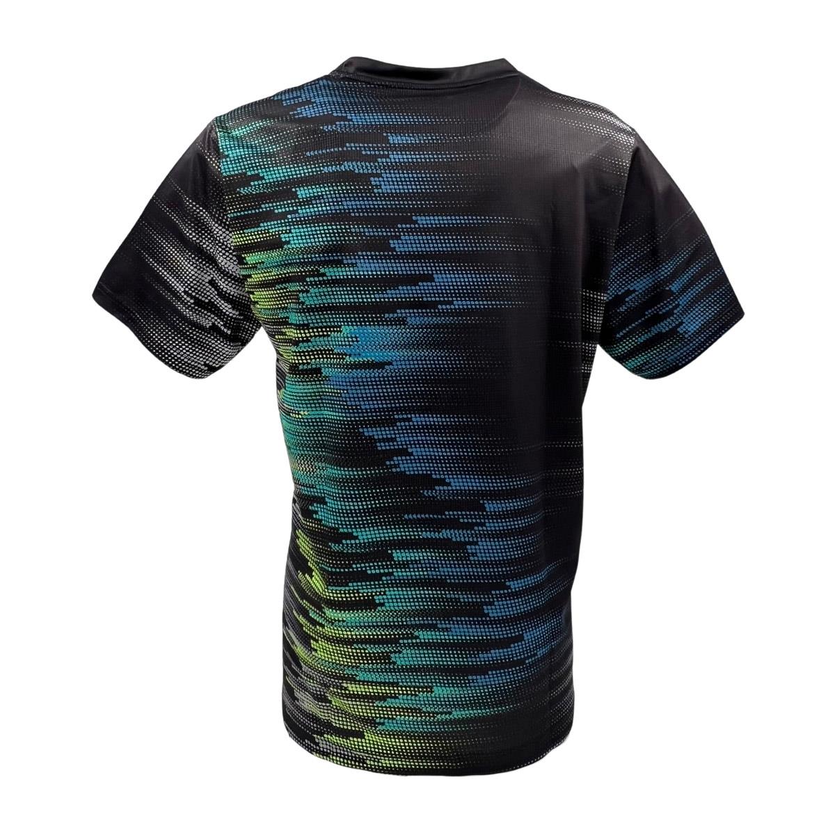 Back view of the Yonex YTM7 Men's Tennis T-Shirt - Shadow displays a digital pattern in blue, green, and gray. The moisture-wicking polyester design is gradient-focused on the left side of this black Yonex tennis shirt.