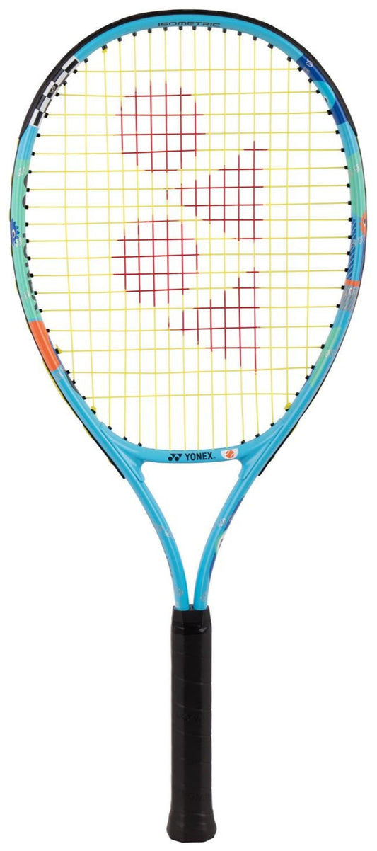 The Yonex Junior 25 Tennis Racket - Ocean Blue features black grip, yellow strings with red letters, and multicolored frame accents. It's ideal for junior enthusiasts ready to excel in tennis.