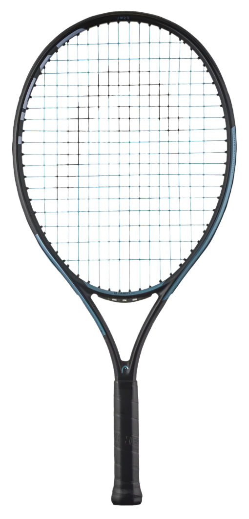 The HEAD IG Gravity Junior 23 2025 Tennis Racket, made from lightweight graphite composite, has a black frame with a light blue design. Against a plain white background, its strings form an exact grid pattern.