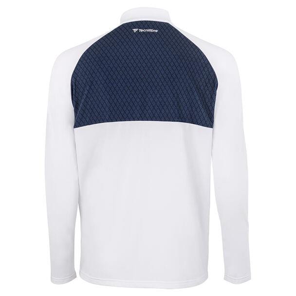 Rear view of the Tecnifibre Men's Thermo Tennis Zipper Longsleeve, showcasing raglan sleeves. The jacket is mostly white with a dark blue patterned upper back panel, ensuring flexibility through its stretchy knit material. The Tecnifibre Thermo Zipper and brand logo are prominently displayed at the top center of the back.