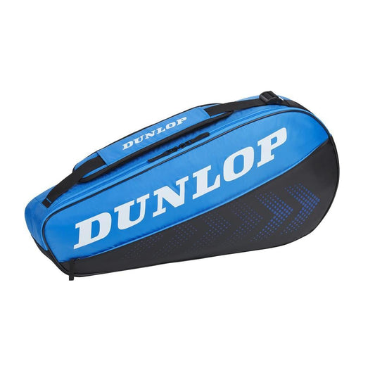 The Dunlop FX Club 3 Racket Tennis Bag in black and blue boasts a modern, aerodynamic design with a convenient handle and the "Dunlop" brand name displayed in clean white lettering. It's expertly designed to carry your racket along with other essential tennis gear.