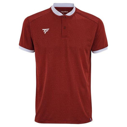 Introducing the Tecnifibre Mens Team Tennis Mesh Polo Shirt in Cardinal: a stylish red short-sleeved sports shirt featuring white trim on the cuffs and a buttoned collar. Made from polyester mesh, it offers maximum breathability thanks to its subtle geometric pattern and is accented with a sleek white logo on the left chest.