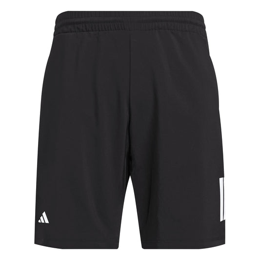 The ADIDAS Men's 3 Stripe Tennis Shorts in black feature an elastic waistband for optimal performance. These adidas shorts showcase a sleek white logo on the bottom left and a bold white vertical stripe with an abstract design on the bottom right, including moisture-wicking fabric for comfort.