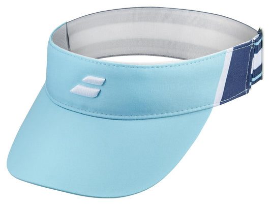 The Babolat Elastic Tennis Visor in Angel Blue and White provides superior sun protection with its wide, curved brim. It ensures a snug fit with a white and blue striped strap at the back, and a small white logo is placed on the front left side.