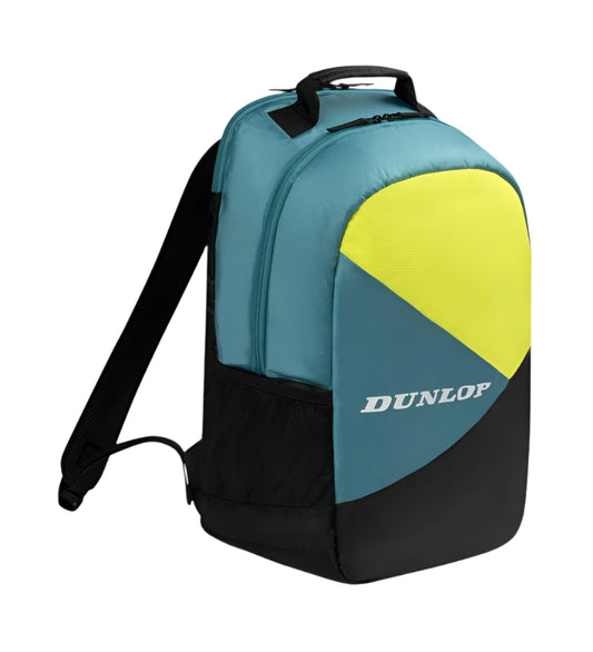 The Dunlop SX Club Tennis Backpack offers a stylish teal and black design with yellow accents, two main compartments, a bold yellow "Dunlop" front, side mesh pocket, padded backpack straps, and an adjustable black shoulder strap for comfort.