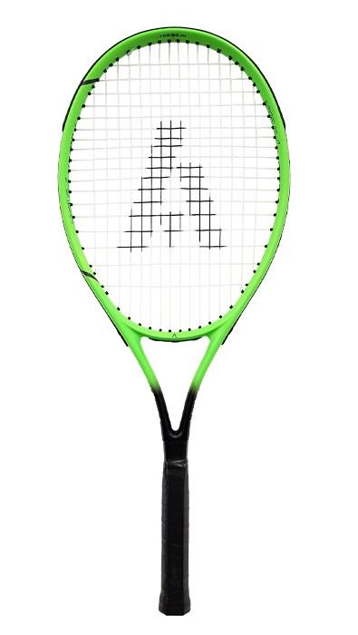 The Ashaway Fusion Power 2700 Tennis Racket in green, featuring a logo on the strings, provides an excellent combination of manoeuvrability and power. Set against a crisp white background, this beginner-friendly racket is perfect for new players stepping onto the court.