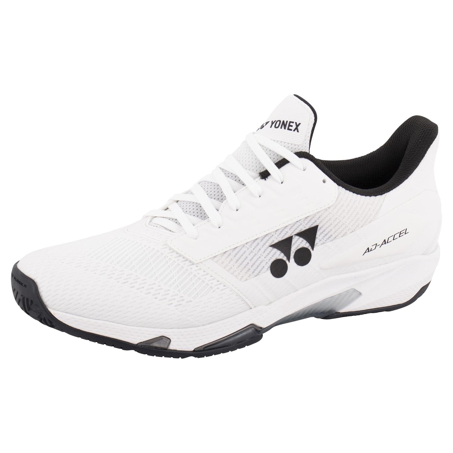 The Yonex Power Cushion Ad-Accel Men's Tennis Shoes in white and black are a stunning athletic choice, featuring a mesh upper with black inner lining and a cushioning sole. They incorporate Accel-Booster technology for impressive speed. The design includes lace-up closures, while the brand logo is prominently displayed on the side and tongue.