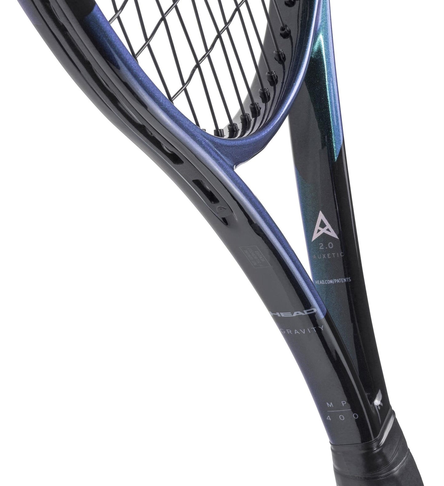 Close-up of a HEAD Gravity MP 2025 Tennis Racket frame in black, highlighting its strings and printed labels, such as "Auxetic 2.0 technology" and "MP 400," preferred by pros like Alexander Zverev and Andrey Rublev.