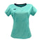 The Yonex YTL8 Women's Tennis T-Shirt in mint and navy features moisture-wicking polyester and a geometric pattern. It's designed with a comfortable fit, a black neckline trim, and showcases the Yonex logo on the top left of the chest against a plain white background.