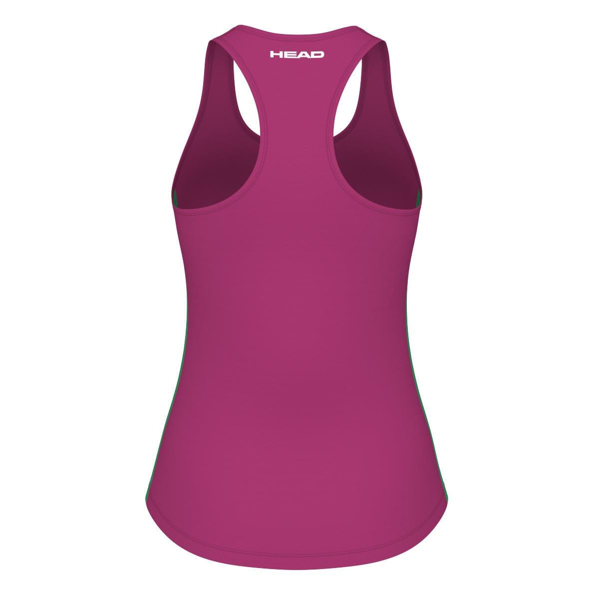 The HEAD Spirit Women's Tennis Tank Top in Vivid Pink is displayed from the back, showcasing the white "HEAD" logo at the upper center. Made with Moisture Transfer Microfibre, this racerback tank combines comfort and style for all your active endeavors.