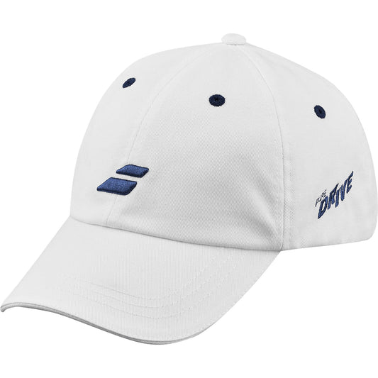 The Babolat Pure Drive Cotton Cap in white with a Drive Blue geometric logo is made from recycled cotton. It features "Pure Drive" embroidered on the side, a curved brim, and ventilation holes for style and comfort.