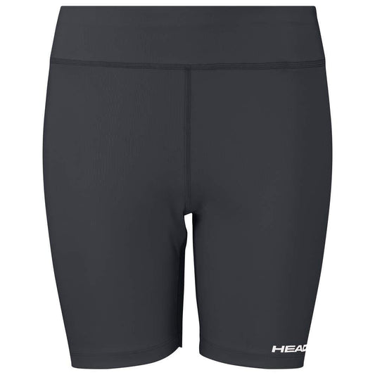 The HEAD Vision Women's Short Tights in Black are athletic shorts that feature a small white logo on the lower left leg. They incorporate Moisture Transfer Microfiber technology and offer a high waist with a sleek, form-fitting design for comfortable performance.