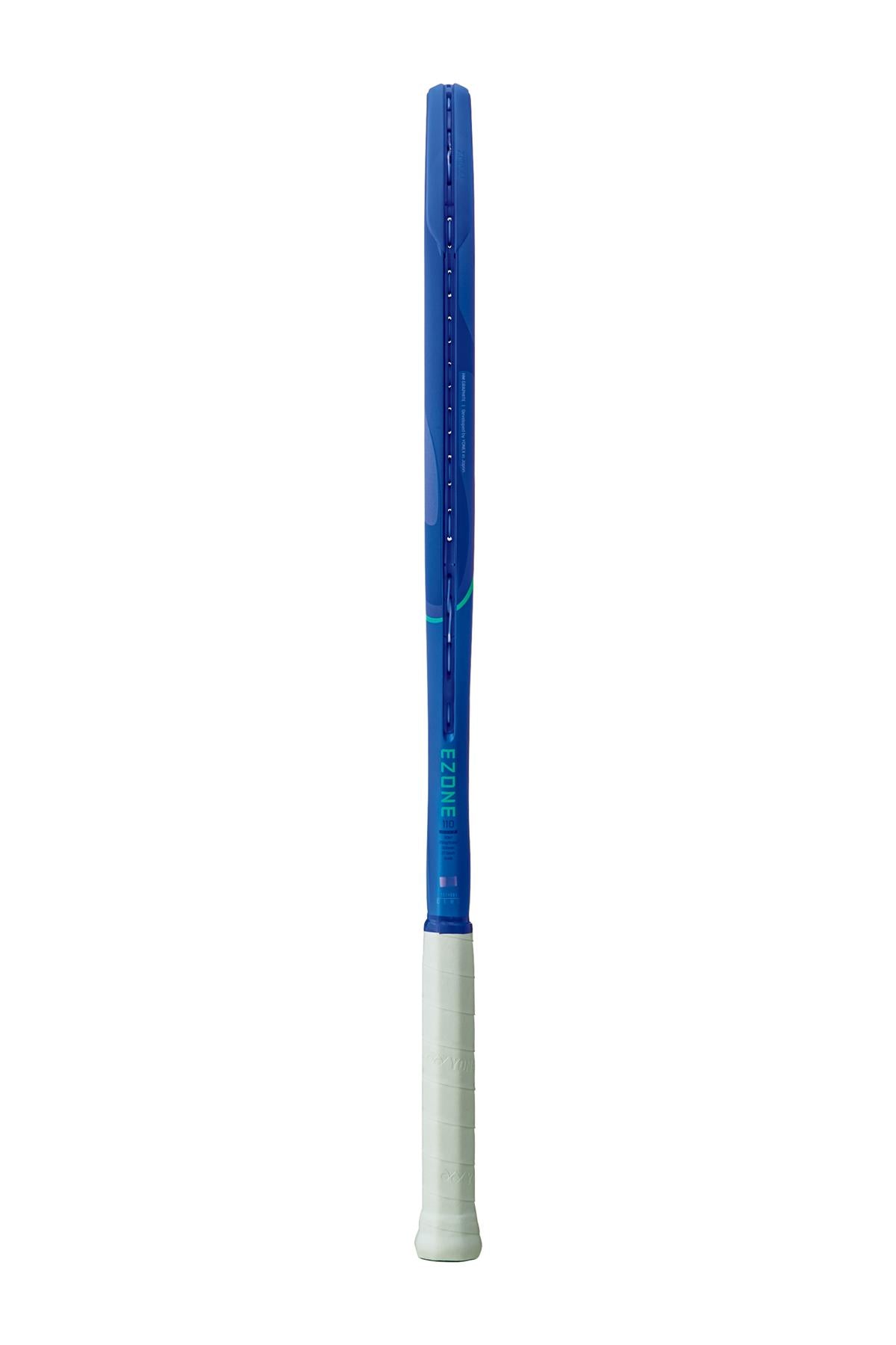 A Yonex EZONE 110 2025 tennis racket in blast blue with a white grip stands vertically against a plain white background, showcasing the "Ezone" branding and advanced 2G-Namd Speed technology.