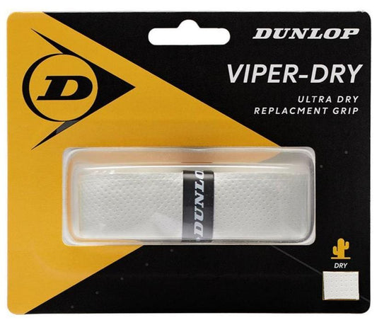 The Dunlop Viper-Dry Replacement Tennis Grip packaging, in an eye-catching combination of black and yellow, highlights the ultra dry grip designed for tennis rackets. Bearing a cactus icon and the "ultra dry" label, this white grip from Dunlop ensures perspiration absorption and exceptional durability for peak performance.