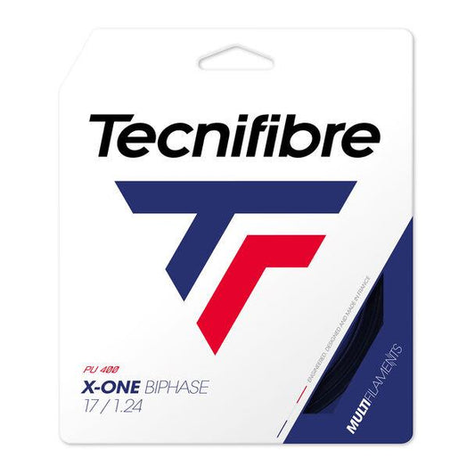 Packaging for the Tecnifibre X-One Biphase Tennis String Set - Black, with a 17 gauge / 1.24 mm thickness. This synthetic string showcases the Tecnifibre logo accompanied by red, blue, and black accents on a white background, offering ultimate power for your game.